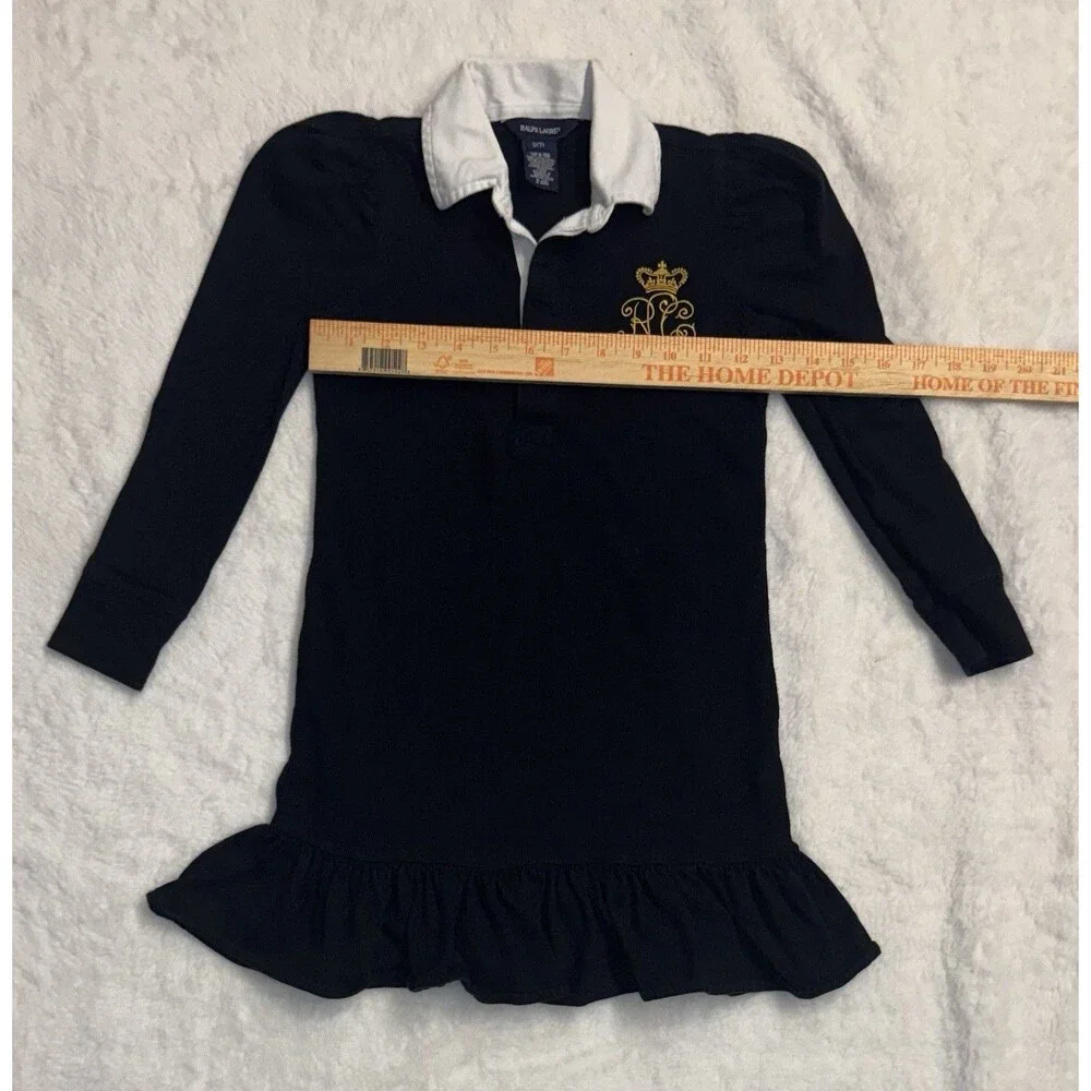 Ralph Lauren Vintage Black Monogrammed Long Sleeve Polo Ruffle Dress Size 7